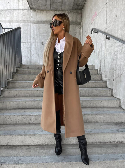 Cozy Essential Longline Double-Breasted Peacoat for Fall-Winter