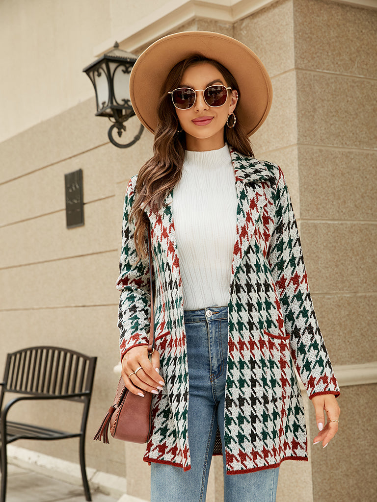 Coats- Cozy Knit Notch Lapel Winter Houndstooth Coat- - IndioGear Clothing and Gear