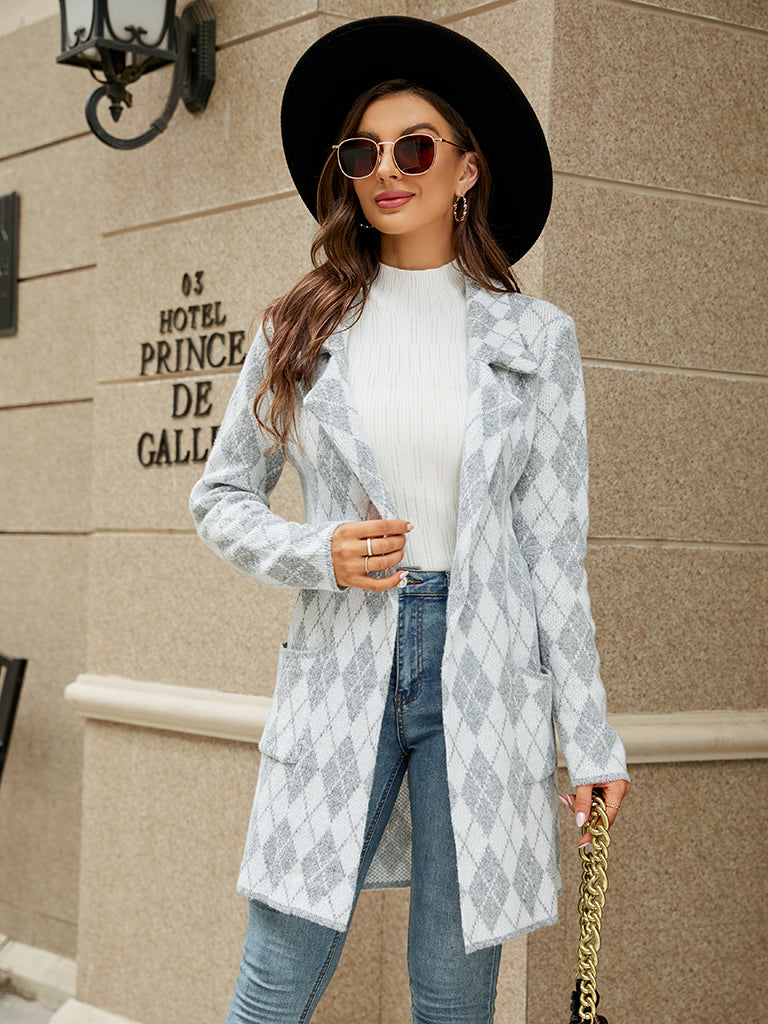 Coats- Cozy Knit Notch Lapel Winter Houndstooth Coat- - IndioGear Clothing and Gear