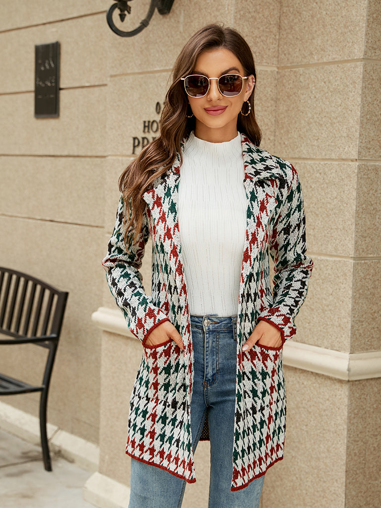 Coats- Cozy Knit Notch Lapel Winter Houndstooth Coat- - IndioGear Clothing and Gear