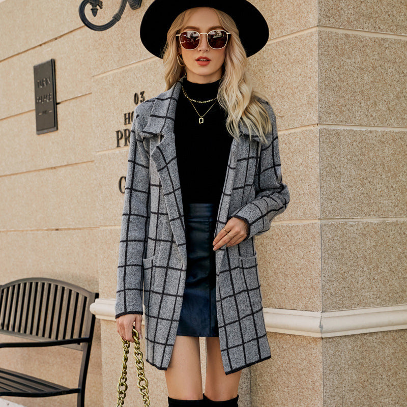 Coats- Cozy Knit Notch Lapel Winter Houndstooth Coat- Black- IndioGear Clothing and Gear