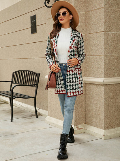 Coats- Cozy Knit Notch Lapel Winter Houndstooth Coat- - IndioGear Clothing and Gear