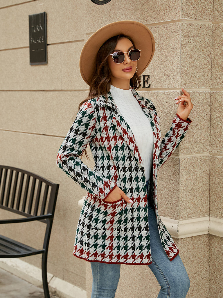 Coats- Cozy Knit Notch Lapel Winter Houndstooth Coat- - IndioGear Clothing and Gear