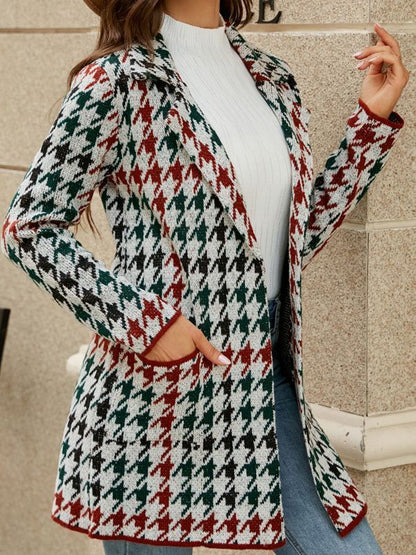 Coats- Cozy Knit Notch Lapel Winter Houndstooth Coat- Red- IndioGear Clothing and Gear