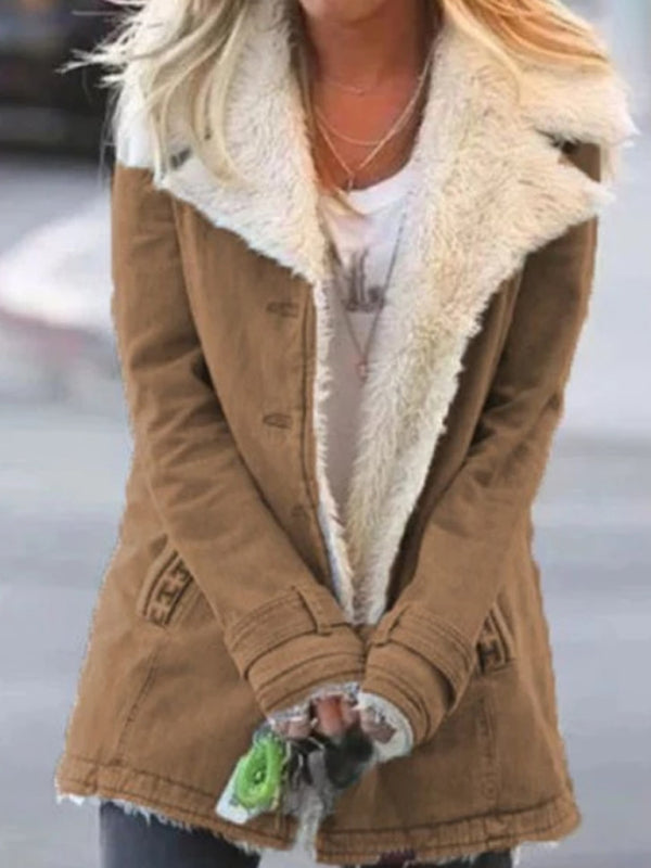 Coats- Cozy Mid-Length Faux Fur Coat | Notch Lapel Winter Jacket- Khaki- IndioGear Fashion and Gear