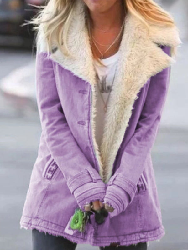 Coats- Cozy Mid-Length Faux Fur Coat | Notch Lapel Winter Jacket- Purple- IndioGear Fashion and Gear