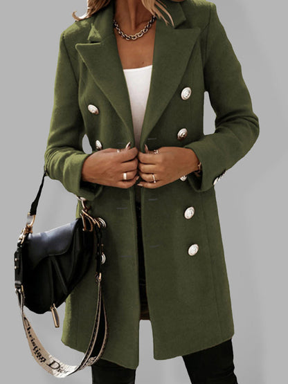 Coats- Elegant Women's Double Breasted Woolen Pea Coat- Olive green- Pekosa Women Clothing