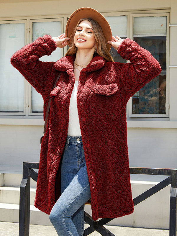 Coats- Fluffy Fleece Warmth Mid-Length Coat for Winter- Dark Red- IndioGear Clothing and Gear