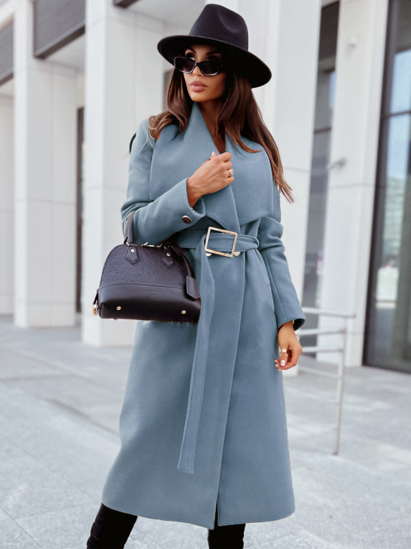 Coats- Winter Belted Trench Coat | Single-Breasted Woolen Coat- Blue- IndioGear Fashion and Gear