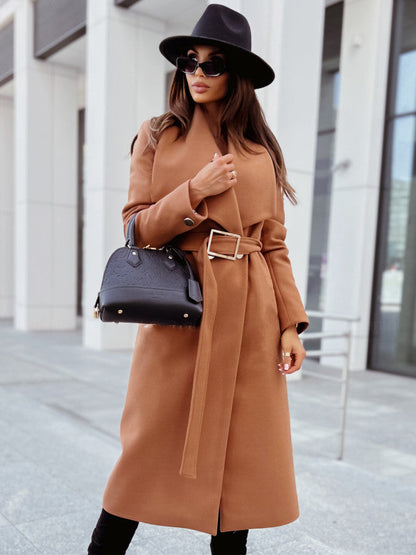 Coats- Winter Belted Trench Coat | Single-Breasted Woolen Coat- Khaki- IndioGear Fashion and Gear