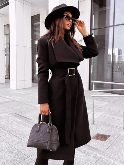 Coats- Winter Belted Trench Coat | Single-Breasted Woolen Coat- Black- IndioGear Fashion and Gear