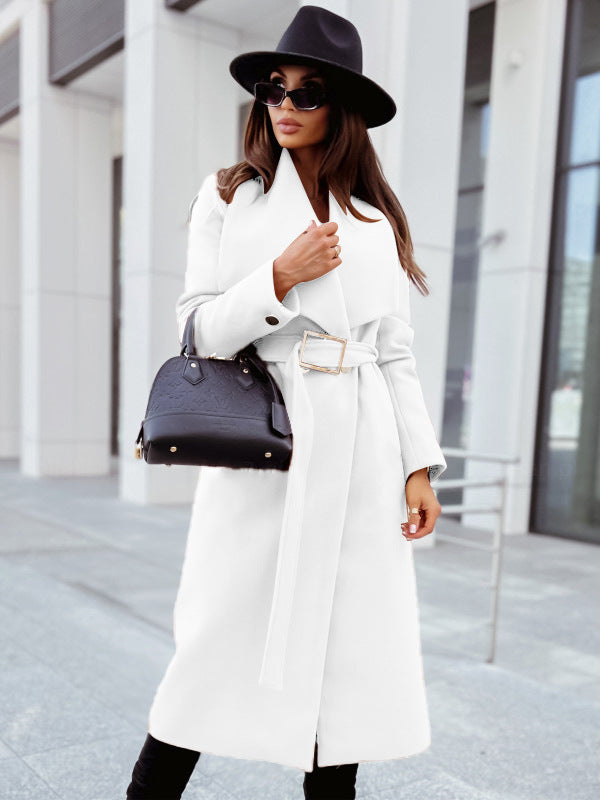 Coats- Winter Belted Trench Coat | Single-Breasted Woolen Coat- White- IndioGear Fashion and Gear