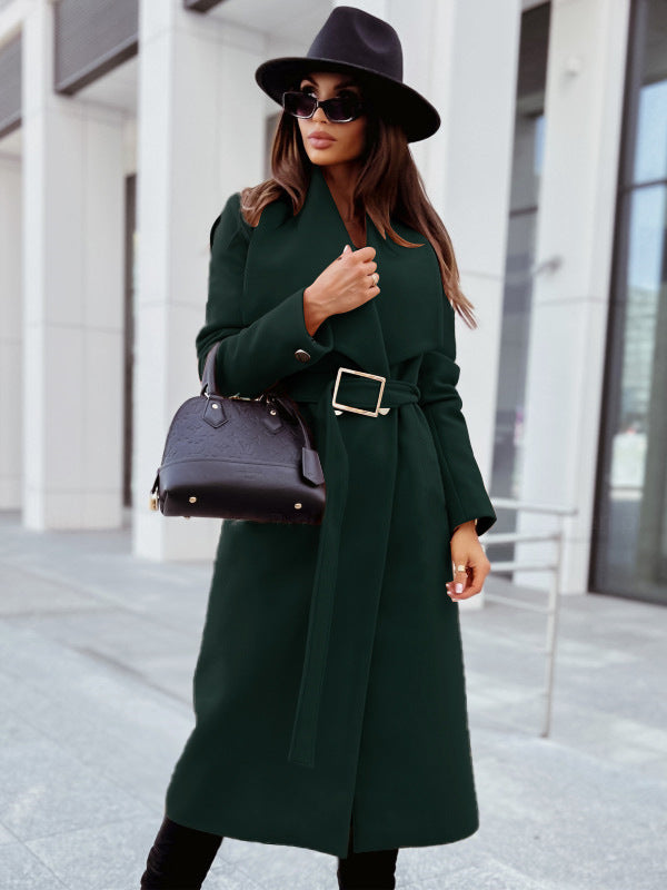 Coats- Winter Belted Trench Coat | Single-Breasted Woolen Coat- Green- IndioGear Fashion and Gear