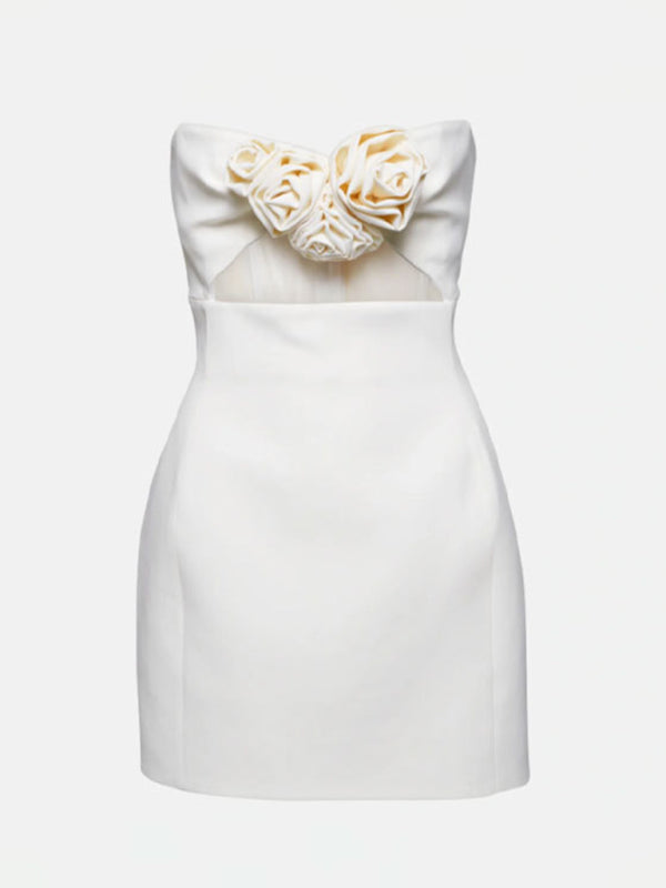 Cocktail Dresses- A-Line Solid Strapless Tube Cutout Mini Dress with Flower Appliqué- - IndioGear Fashion and Gear