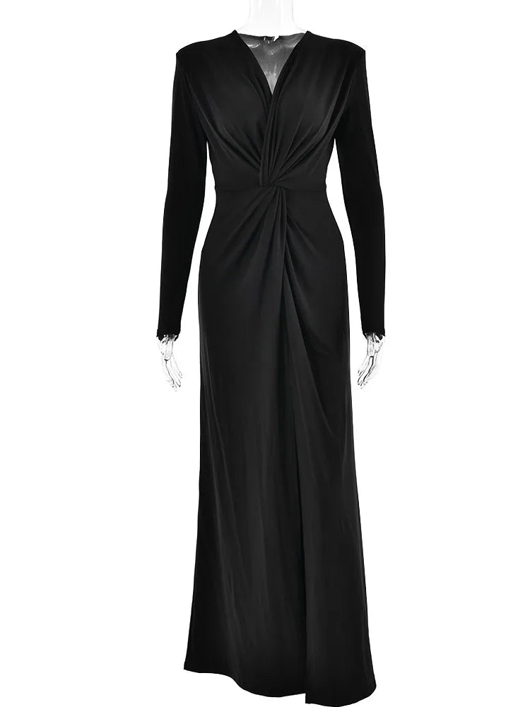 Cocktail Dresses- Cocktail Solid Surplice V-Neck Knot Maxi Dress with Long Sleeves- - IndioGear Fashion and Gear