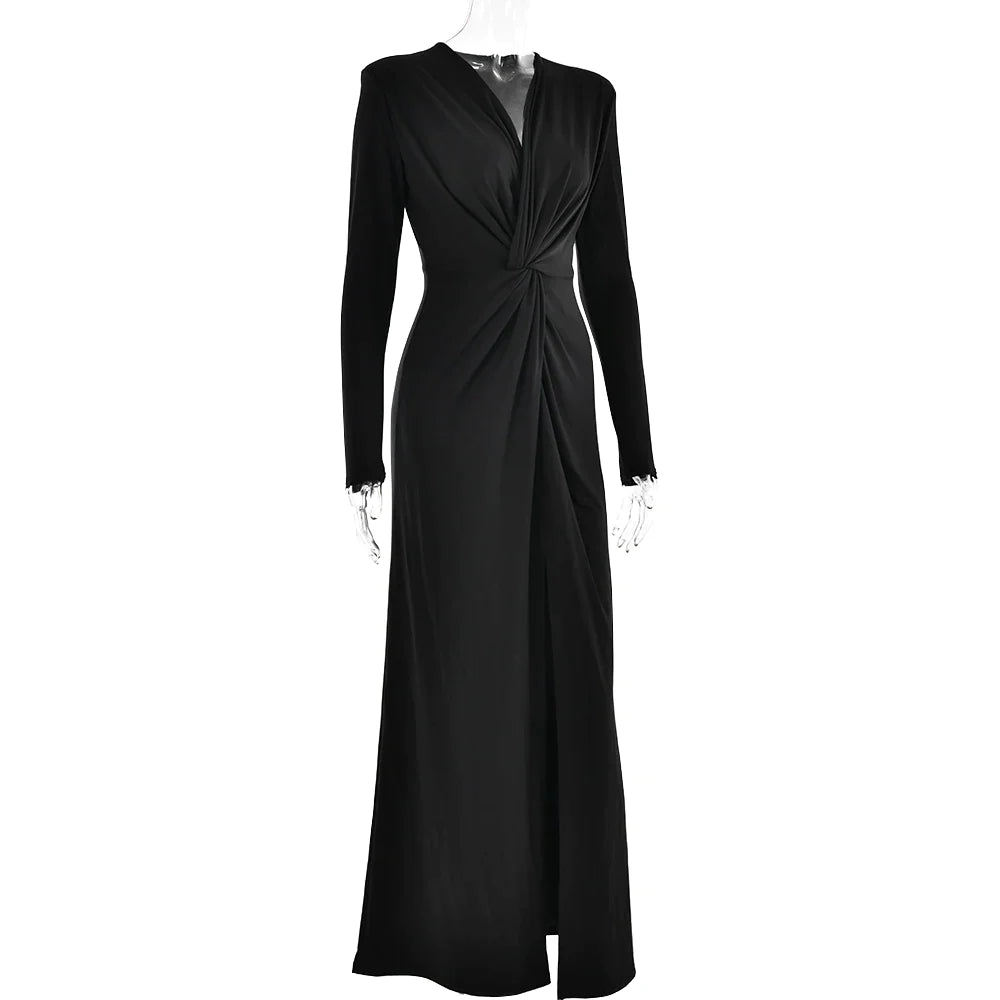 Cocktail Dresses- Cocktail Solid Surplice V-Neck Knot Maxi Dress with Long Sleeves- - IndioGear Fashion and Gear