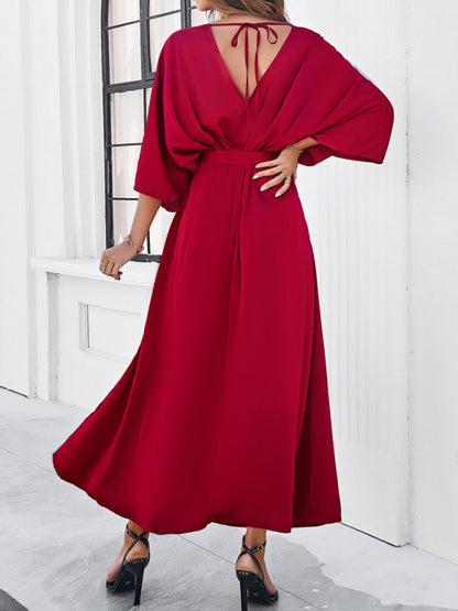 Cocktail Dresses- Cocktail Tie-Belt V-Open Back Kaftan Maxi Dress in Satin Finish- - IndioGear Fashion and Gear