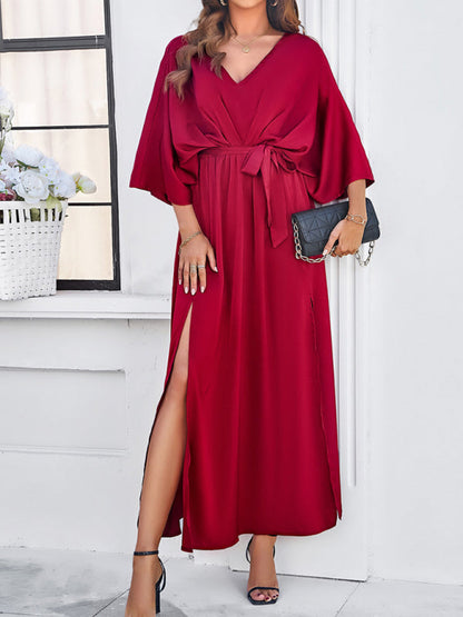 Cocktail Dresses- Cocktail Tie-Belt V-Open Back Kaftan Maxi Dress in Satin Finish- Wine Red- IndioGear Fashion and Gear