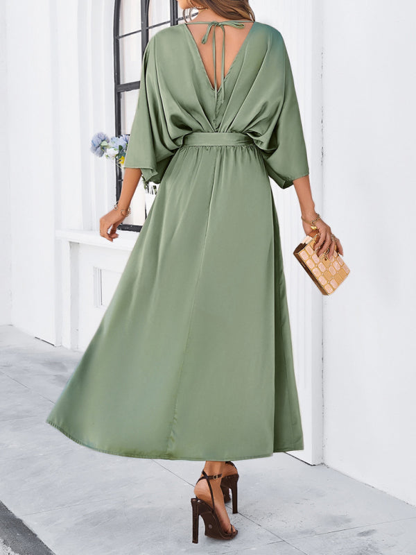 Cocktail Dresses- Cocktail Tie-Belt V-Open Back Kaftan Maxi Dress in Satin Finish- - IndioGear Fashion and Gear