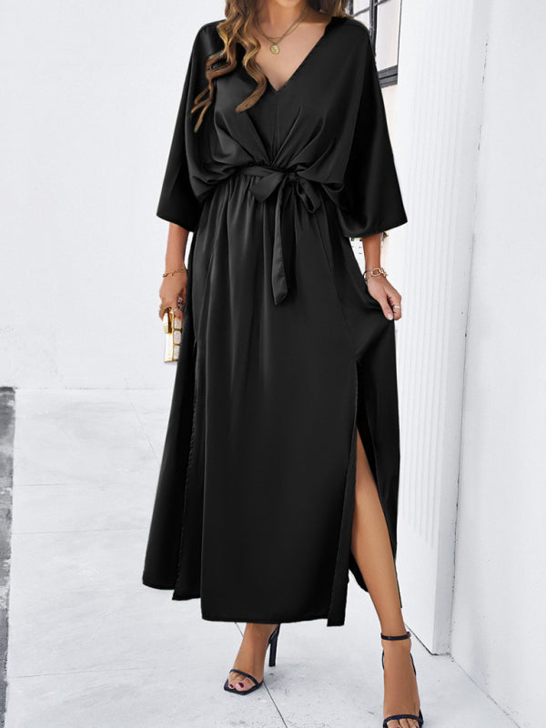 Cocktail Dresses- Cocktail Tie-Belt V-Open Back Kaftan Maxi Dress in Satin Finish- Black- IndioGear Fashion and Gear