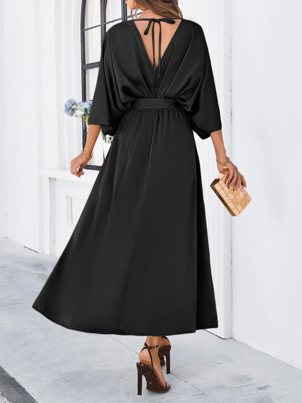 Cocktail Dresses- Cocktail Tie-Belt V-Open Back Kaftan Maxi Dress in Satin Finish- - IndioGear Fashion and Gear