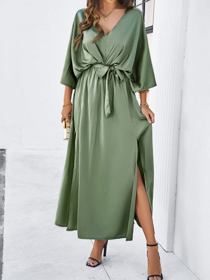 Cocktail Dresses- Cocktail Tie-Belt V-Open Back Kaftan Maxi Dress in Satin Finish- Green- IndioGear Fashion and Gear