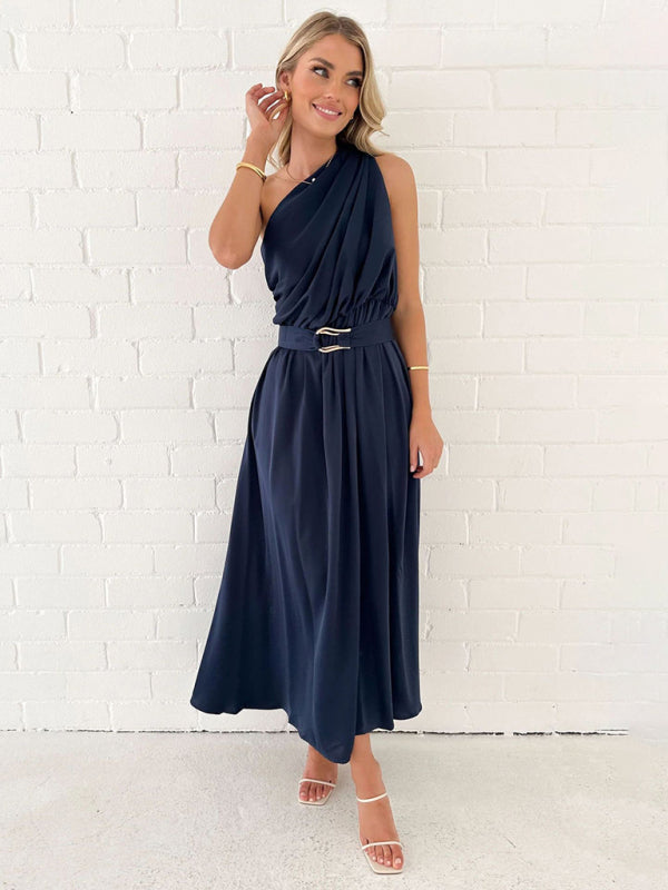 Cocktail Dresses- Elegant Belted One Shoulder Midi Dress- Purplish blue navy- IndioGear Fashion and Gear