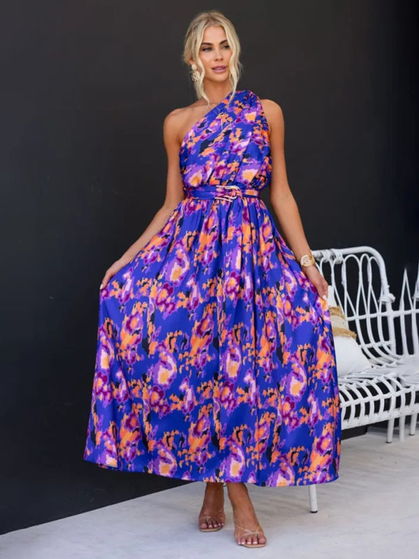 Cocktail Dresses- Elegant Belted One Shoulder Midi Dress- - IndioGear Fashion and Gear