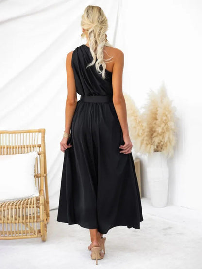 Cocktail Dresses- Elegant Belted One Shoulder Midi Dress- - IndioGear Fashion and Gear