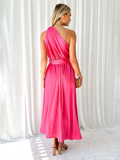 Cocktail Dresses- Elegant Belted One Shoulder Midi Dress- - IndioGear Fashion and Gear