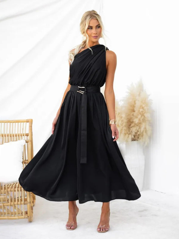 Cocktail Dresses- Elegant Belted One Shoulder Midi Dress- - IndioGear Fashion and Gear