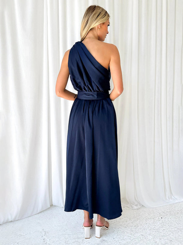 Cocktail Dresses- Elegant Belted One Shoulder Midi Dress- - IndioGear Fashion and Gear