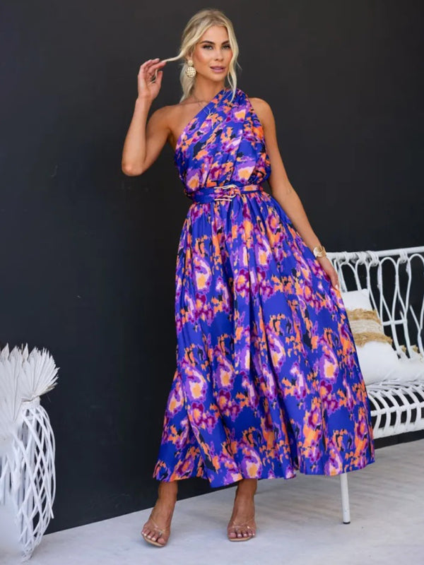 Cocktail Dresses- Elegant Belted One Shoulder Midi Dress- Purple- IndioGear Fashion and Gear