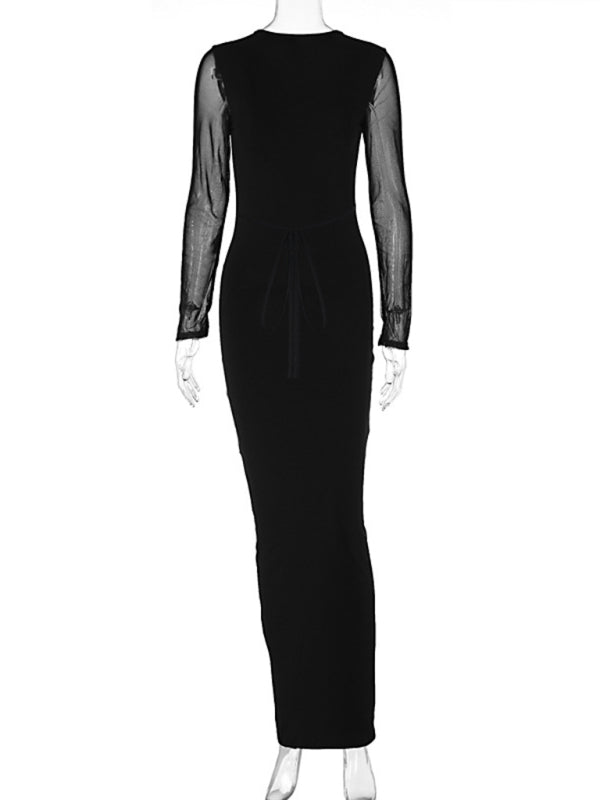 Cocktail Dresses- Elegant Mesh Sleeves Cutout Plunge Maxi Dress- - IndioGear Fashion and Gear