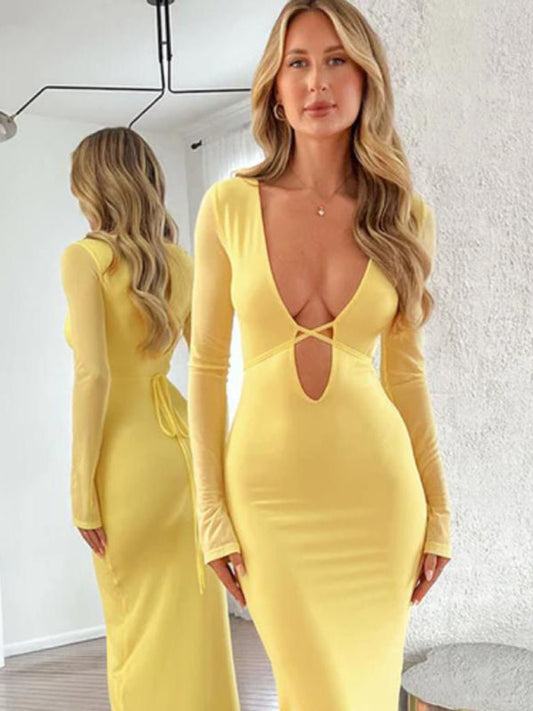 Cocktail Dresses- Elegant Mesh Sleeves Cutout Plunge Maxi Dress- Yellow- IndioGear Fashion and Gear