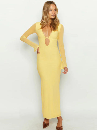 Cocktail Dresses- Elegant Mesh Sleeves Cutout Plunge Maxi Dress- - IndioGear Fashion and Gear