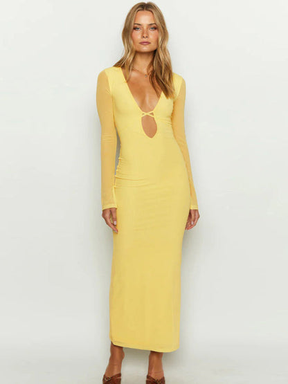 Cocktail Dresses- Elegant Mesh Sleeves Cutout Plunge Maxi Dress- - IndioGear Fashion and Gear