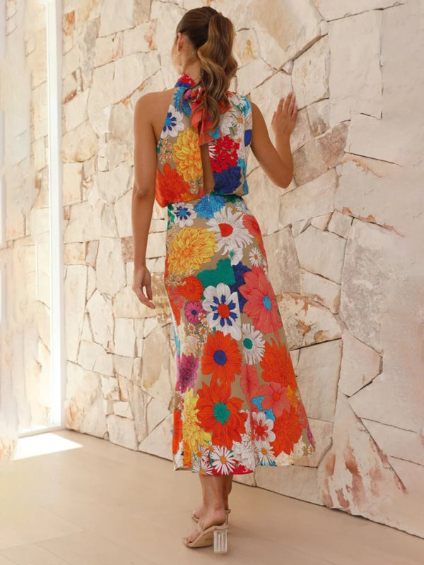 Cocktail Dresses- Floral Elegant Stand Halterneck Blouson Midi Dress- - IndioGear Fashion and Gear