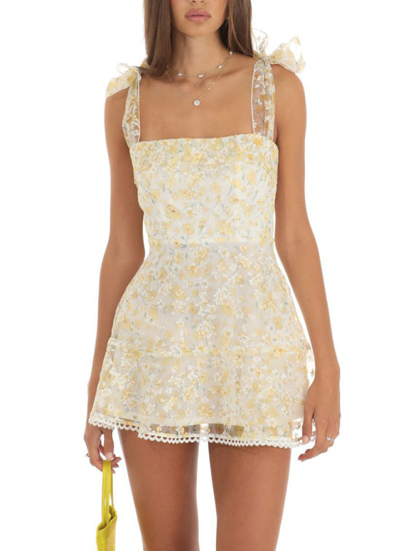 Cocktail Dresses- Floral Mesh Tie-Shoulder Cocktail Dress- Light yellow- IndioGear Fashion and Gear