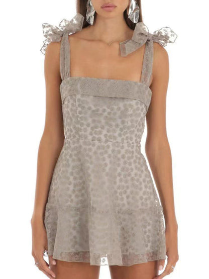 Cocktail Dresses- Floral Mesh Tie-Shoulder Cocktail Dress- Grey- IndioGear Fashion and Gear