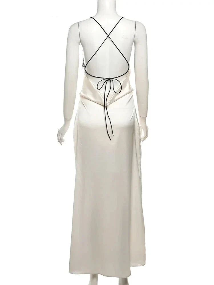 Cocktail Dresses- Satin Finish Cocktail Cowl Backless Maxi Dress with Lace Accents- - IndioGear Fashion and Gear