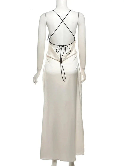 Cocktail Dresses- Satin Finish Cocktail Cowl Backless Maxi Dress with Lace Accents- - IndioGear Fashion and Gear