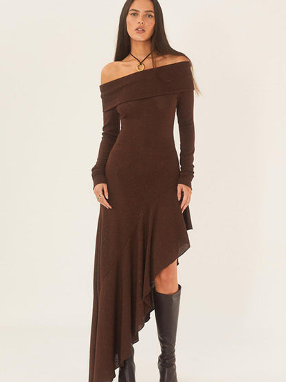 Cocktail Dresses- Solid Autumn High-Low Ruffle Side Off Shoulder Long Dress- - IndioGear Clothing and Gear