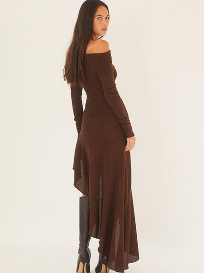 Cocktail Dresses- Solid Autumn High-Low Ruffle Side Off Shoulder Long Dress- - IndioGear Clothing and Gear