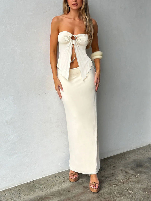 Cocktail 2-Piece Mesh Outfit Strapless Top & Maxi Skirt