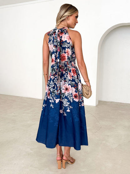 Cocktail dresses- Cocktail Floral Print Halterneck Sleeveless Midi Dress- - IndioGear Fashion and Gear