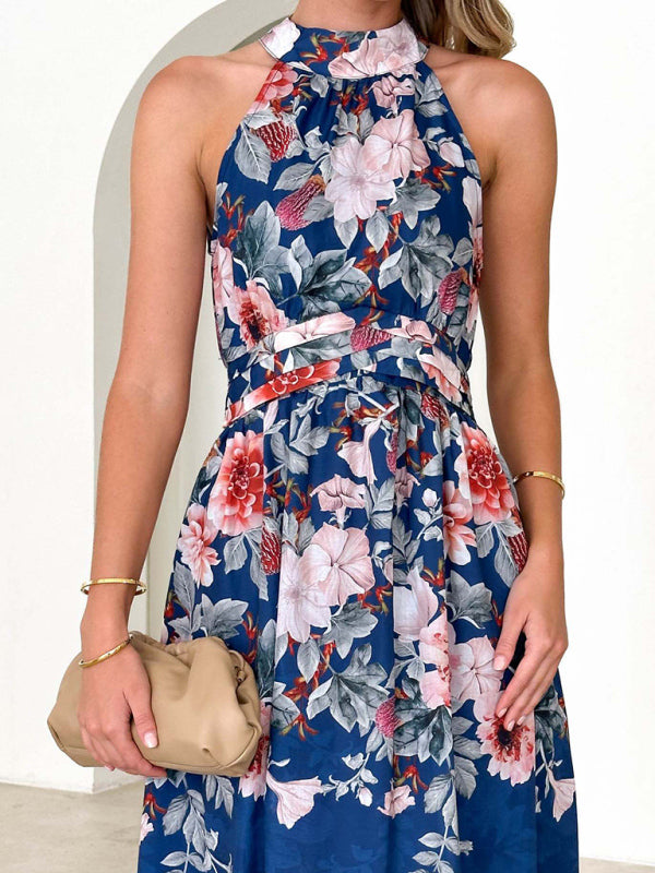 Cocktail dresses- Cocktail Floral Print Halterneck Sleeveless Midi Dress- - IndioGear Fashion and Gear