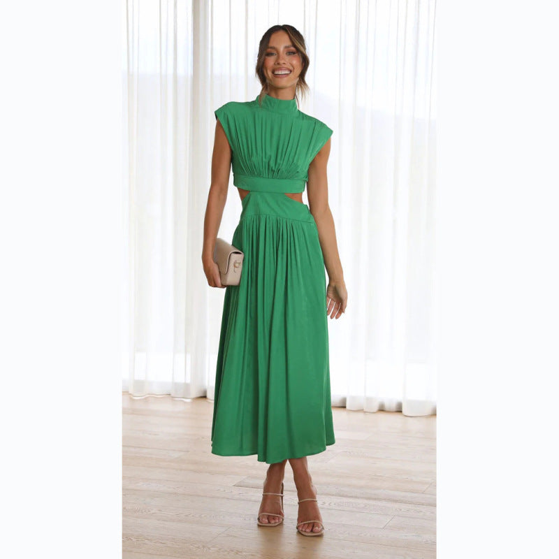 Contemporary Dresses- Stand Collar Cutout Dress with Elastic Back & Flowy Pleats Skirt- Long Green- Pekosa Women Clothing