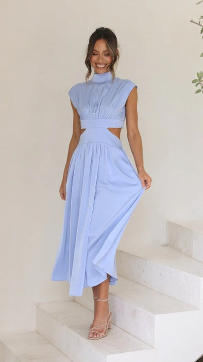 Contemporary Dresses- Stand Collar Cutout Dress with Elastic Back & Flowy Pleats Skirt- Long Blue- Pekosa Women Clothing