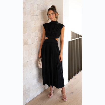 Contemporary Dresses- Stand Collar Cutout Dress with Elastic Back & Flowy Pleats Skirt- Long Black- Pekosa Women Clothing